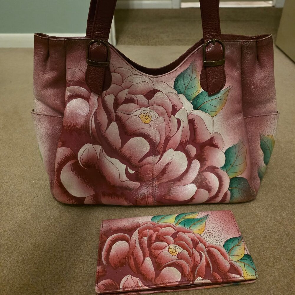 Anuschka Hand Painted Leather Floral Tote Bag With Matching Wallet